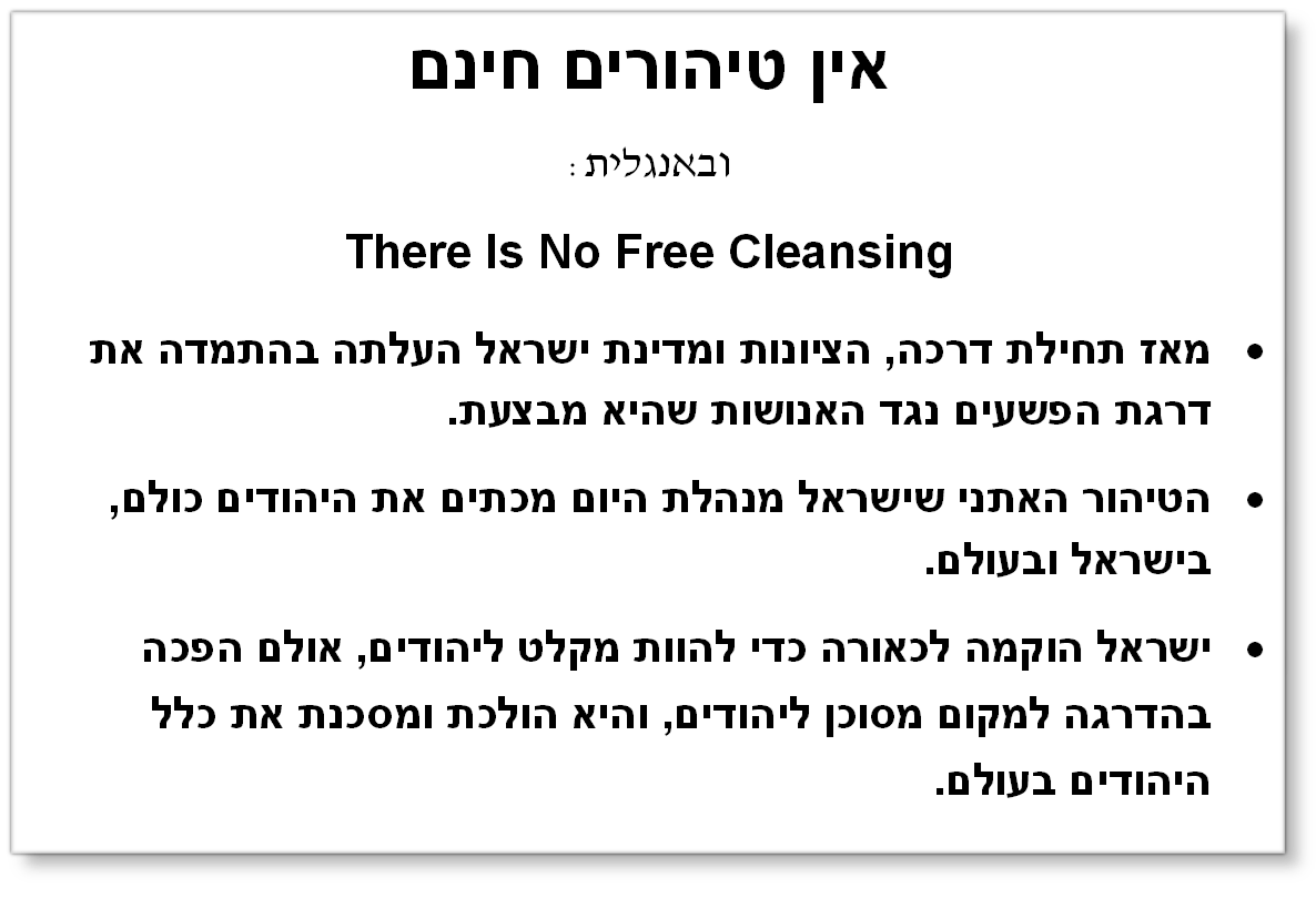 אין טיהורים חינם
ובאנגלית:
There Is No Free Cleansing
	מאז תחילת דרכה, הציונות ומדינת ישראל העלתה בהתמדה את דרגת הפשעים נגד האנושות שהיא מבצעת.
	הטיהור האתני שישראל מנהלת היום מכתים את היהודים כולם, בישראל ובעולם. 
	ישראל הוקמה לכאורה כדי להוות מקלט ליהודים, אולם הפכה בהדרגה למקום מסוכן ליהודים, והיא הולכת ומסכנת את כלל היהודים בעולם. 
